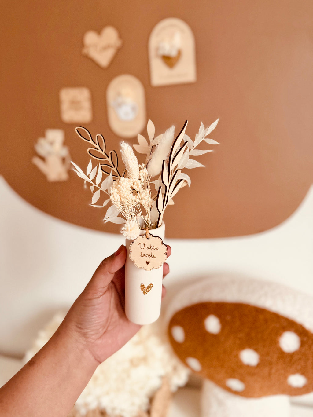 Bouquet bois et fleurs sechees, vase en terre cuite